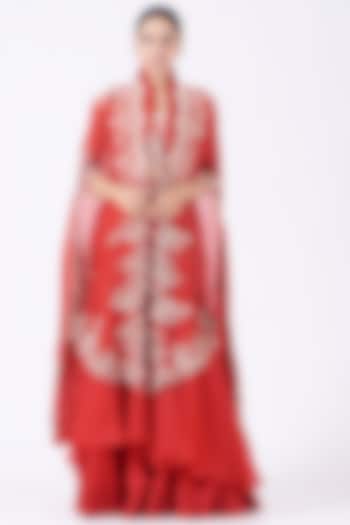 Poppy Red Embroidered Butterfly Cape Set by Minaxi Dadoo
