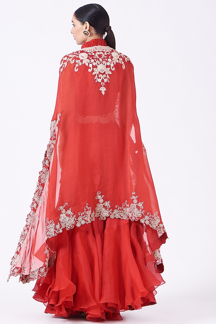 Poppy Red Embroidered Butterfly Cape Set by Minaxi Dadoo at Pernia's Pop Up Shop