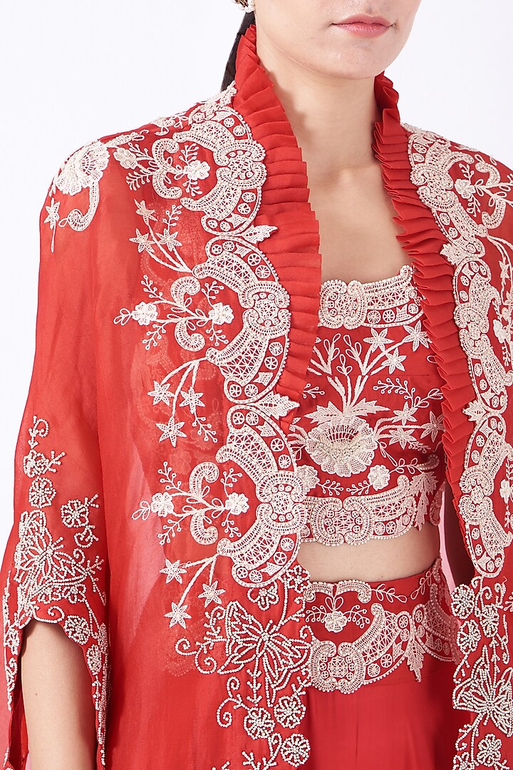 Poppy Red Embroidered Butterfly Cape Set by Minaxi Dadoo at Pernia's Pop Up Shop
