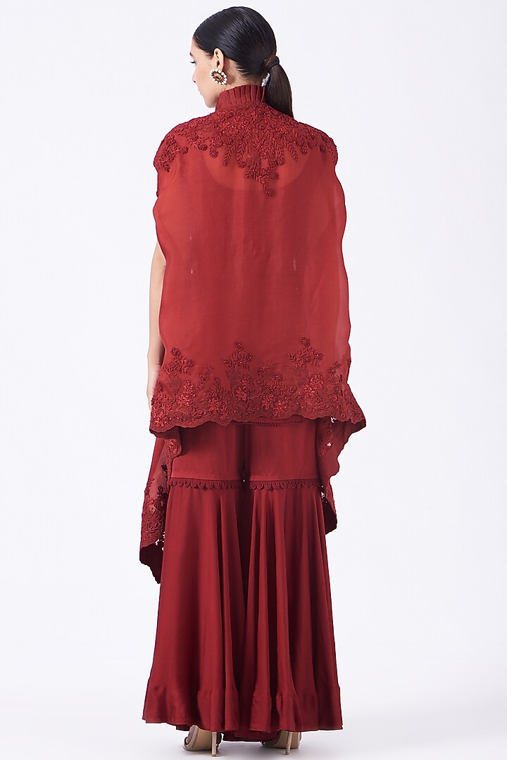Maroon Embroidered Butterfly Cape Set by Minaxi Dadoo at Pernia's Pop Up Shop