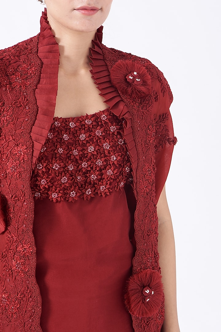 Maroon Embroidered Butterfly Cape Set by Minaxi Dadoo at Pernia's Pop Up Shop