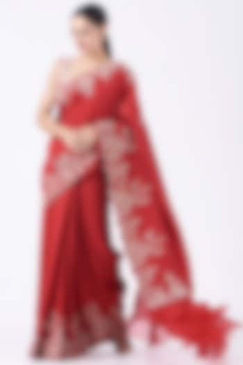 Fiery Red Pearl Embroidered Frilled Saree Set by Minaxi Dadoo