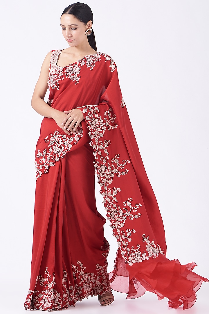 Fiery Red Pearl Embroidered Frilled Saree Set by Minaxi Dadoo