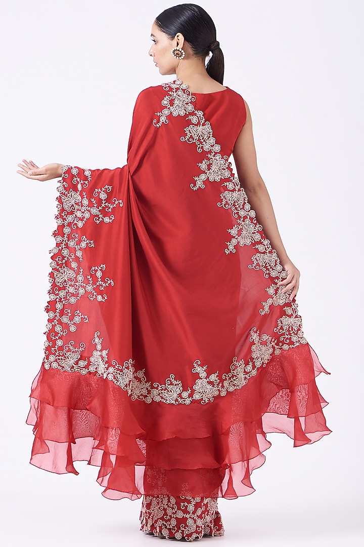 Fiery Red Pearl Embroidered Frilled Reception Saree Set by Minaxi Dadoo at Pernia's Pop Up Shop