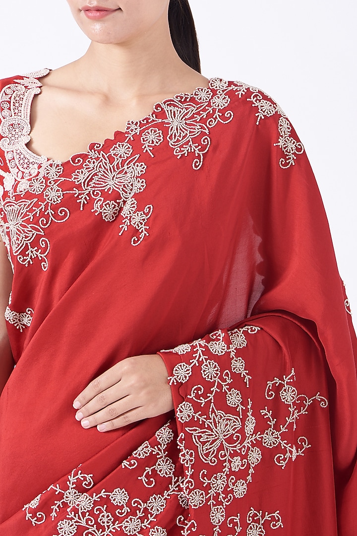 Fiery Red Pearl Embroidered Frilled Reception Saree Set by Minaxi Dadoo at Pernia's Pop Up Shop