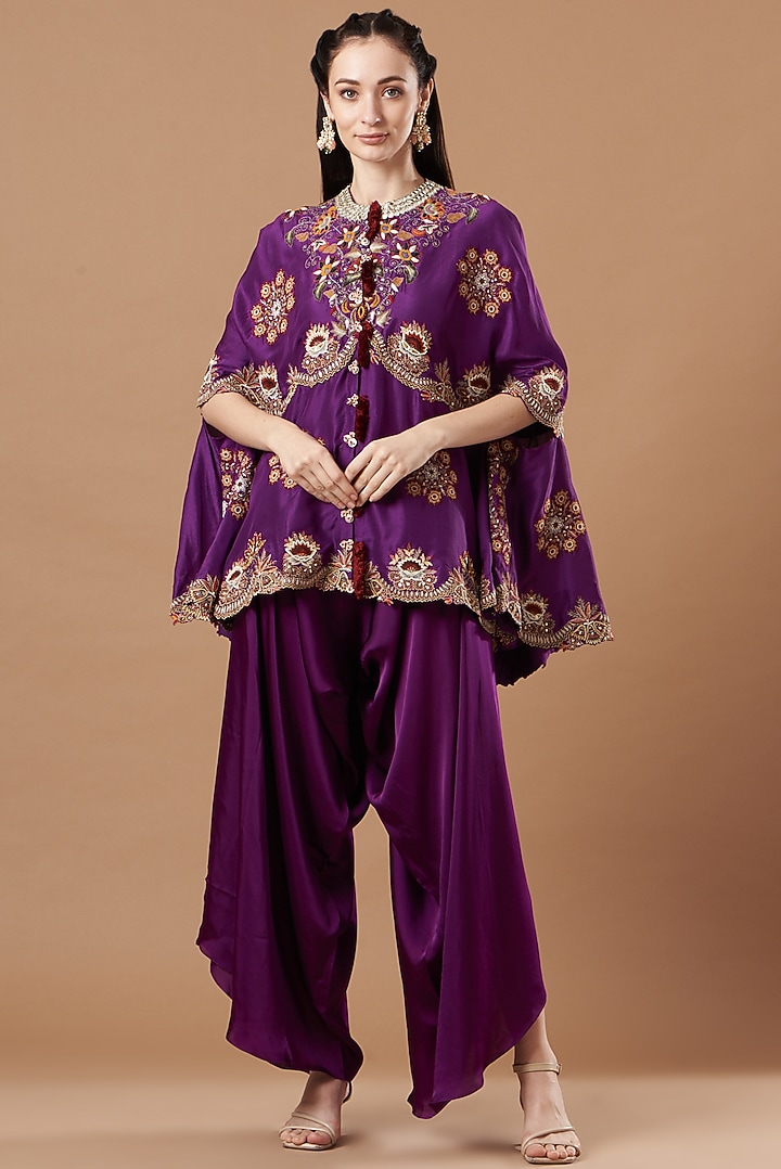Purple Dupion Silk Embroidered Cape Set by Minaxi Dadoo at Pernia's Pop Up Shop