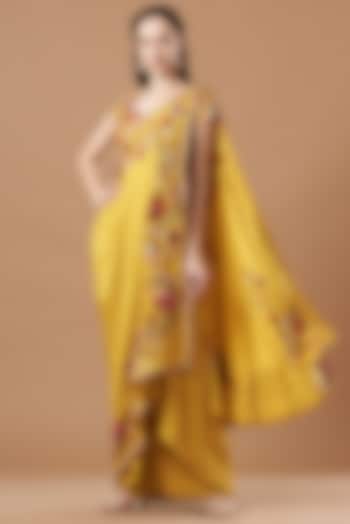 Yellow Dupion Silk Embroidered Draped Saree Set by Minaxi Dadoo