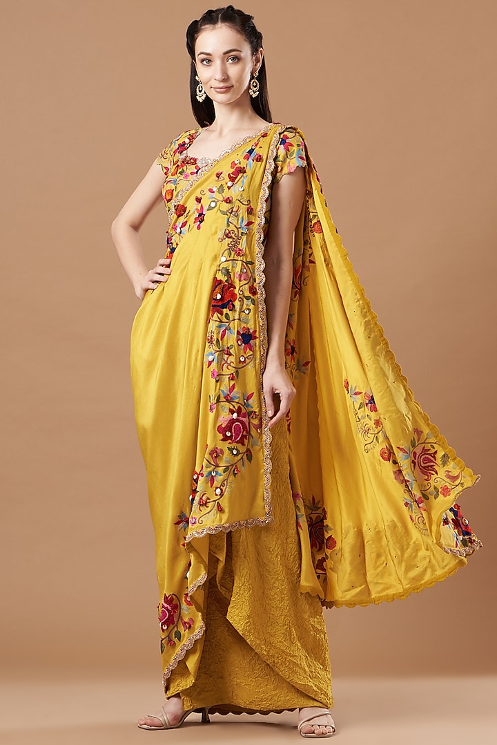 Yellow Dupion Silk Embroidered Draped Saree Set by Minaxi Dadoo