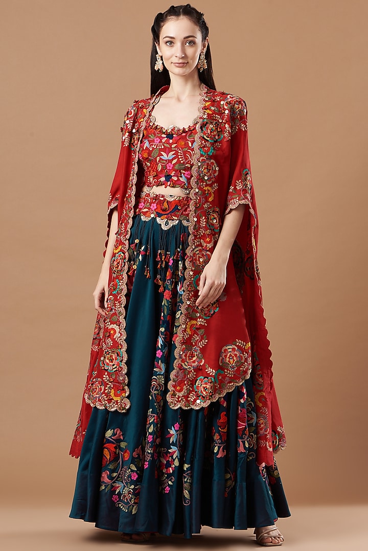 Red Dupion Silk Embroidered Butterfly Cape Set by Minaxi Dadoo