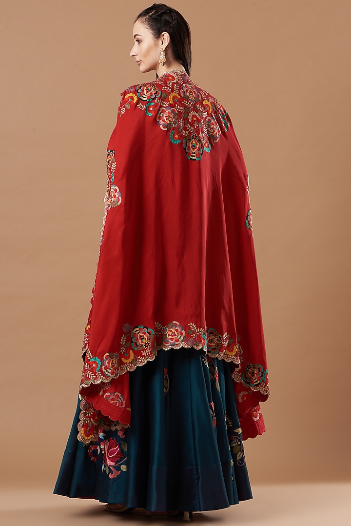 Red Dupion Silk Embroidered Butterfly Cape Set by Minaxi Dadoo at Pernia's Pop Up Shop