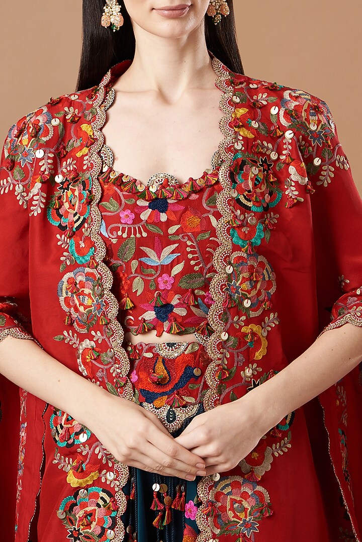 Red Dupion Silk Embroidered Butterfly Cape Set by Minaxi Dadoo at Pernia's Pop Up Shop