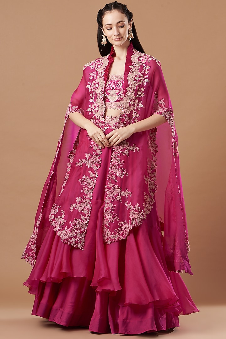 Fuchsia Organza Embroidered Cape Set by Minaxi Dadoo at Pernia's Pop Up Shop