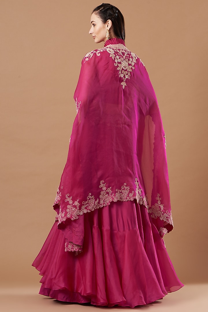 Fuchsia Organza Embroidered Cape Set by Minaxi Dadoo at Pernia's Pop Up Shop