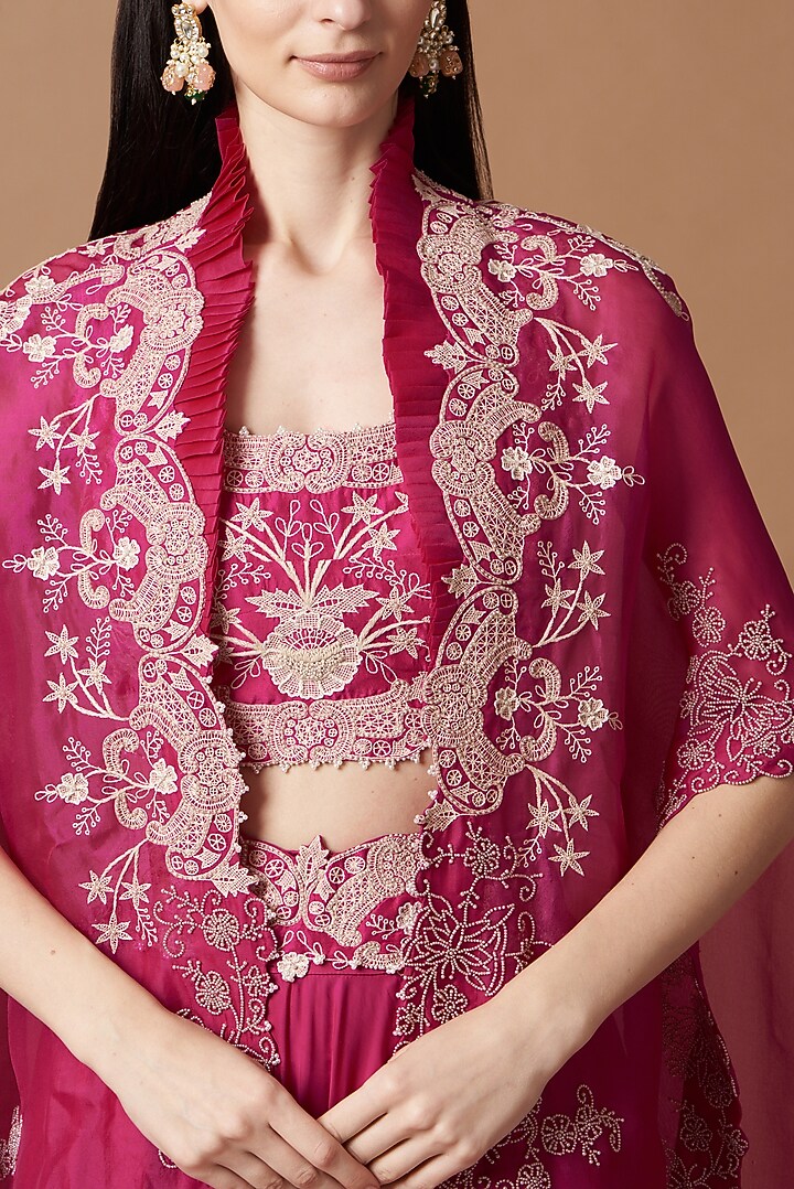 Fuchsia Organza Embroidered Cape Set by Minaxi Dadoo at Pernia's Pop Up Shop