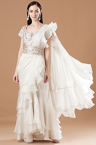Ivory Dupion & Organza Embroidered Draped Saree by Minaxi Dadoo