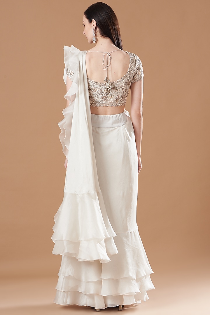 Ivory Dupion & Organza Embroidered Draped Reception Saree by Minaxi Dadoo at Pernia's Pop Up Shop