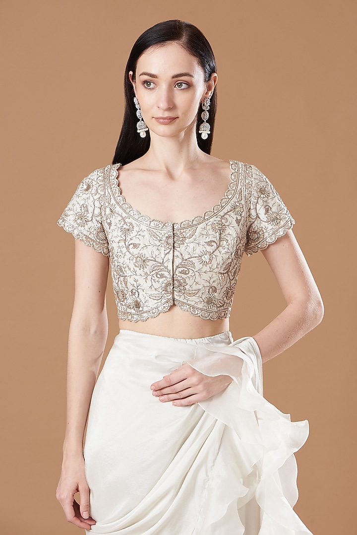 Ivory Dupion & Organza Embroidered Draped Reception Saree by Minaxi Dadoo at Pernia's Pop Up Shop