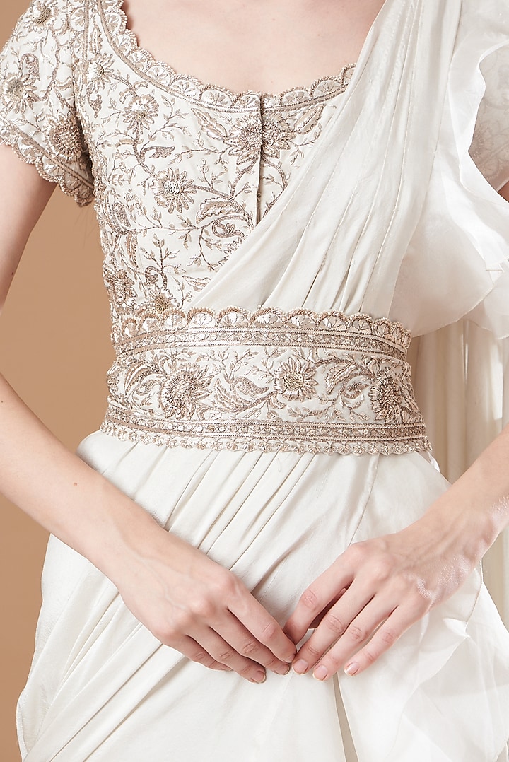 Ivory Dupion & Organza Embroidered Draped Reception Saree by Minaxi Dadoo at Pernia's Pop Up Shop