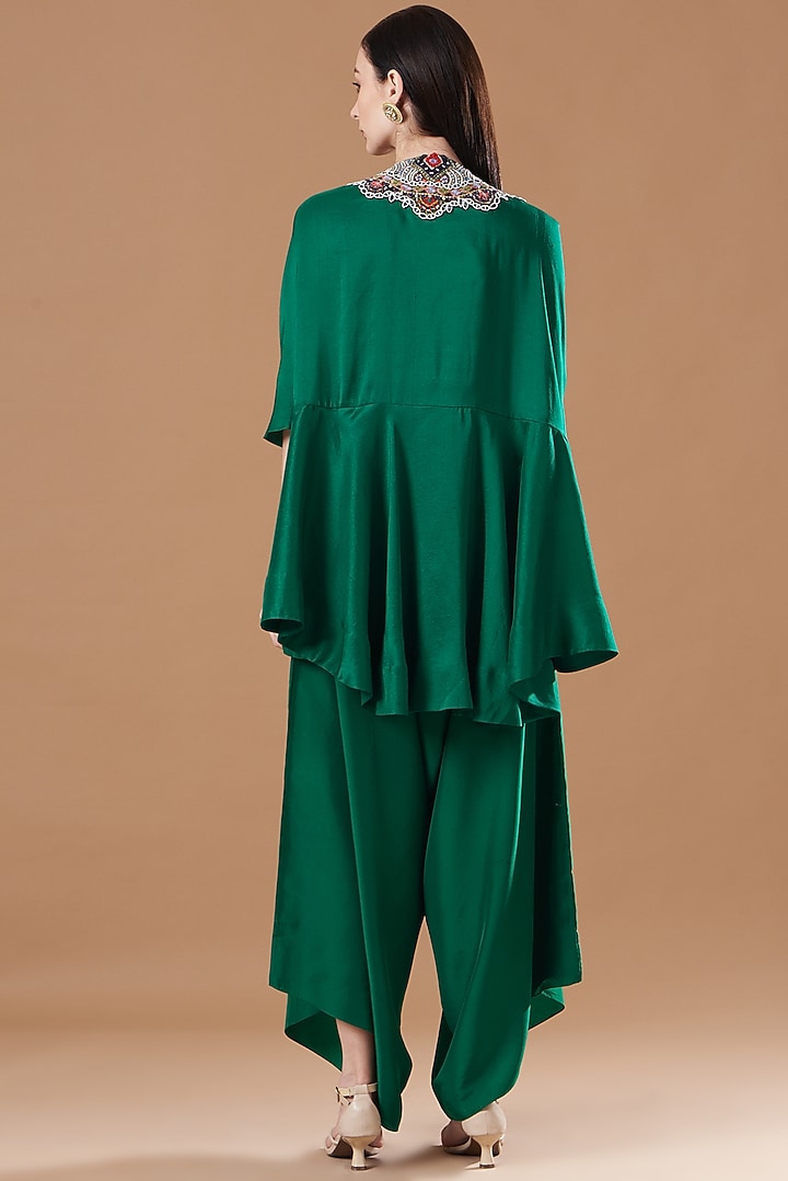 Green Dupion Embroidered Boho Cape Set by Minaxi Dadoo at Pernia's Pop Up Shop