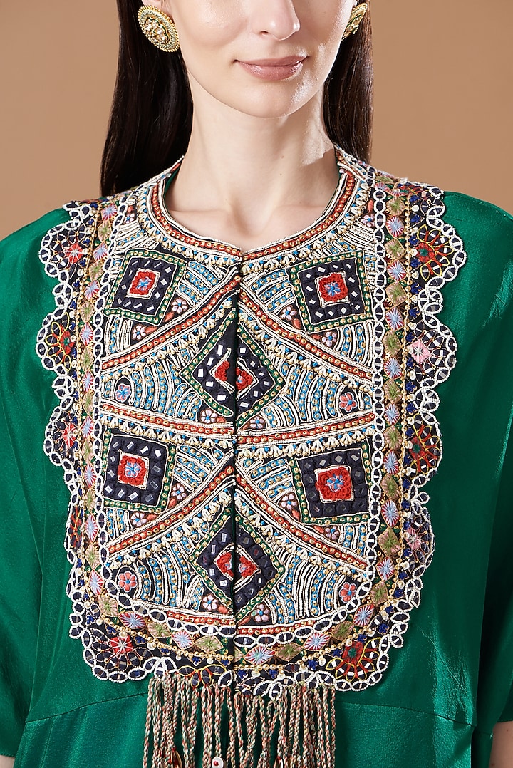Green Dupion Embroidered Boho Cape Set by Minaxi Dadoo at Pernia's Pop Up Shop