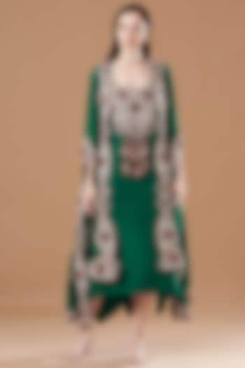 Green Crushed Dupion Embroidered Jacket Dress by Minaxi Dadoo