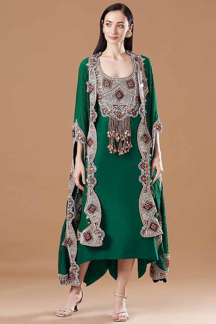 Green Crushed Dupion Embroidered Jacket Dress by Minaxi Dadoo
