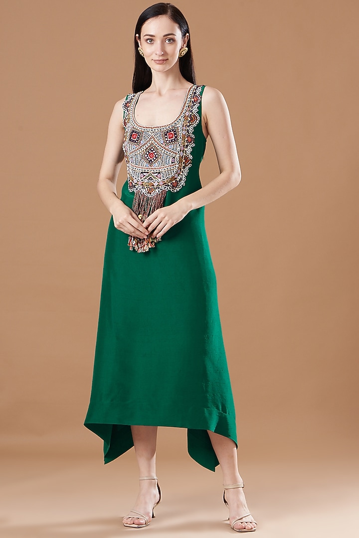 Green Crushed Dupion Embroidered Jacket Party Wear Dress by Minaxi Dadoo at Pernia's Pop Up Shop