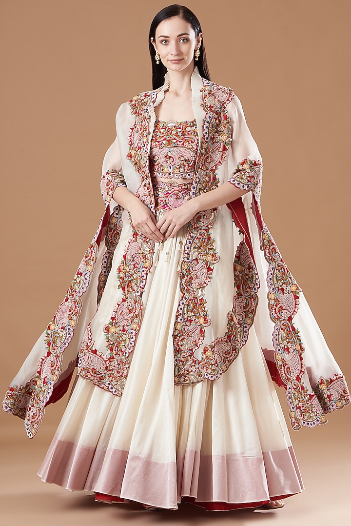 Ivory Chanderi Jacket Bridal Lehenga Set by Minaxi Dadoo at Pernia's Pop Up Shop