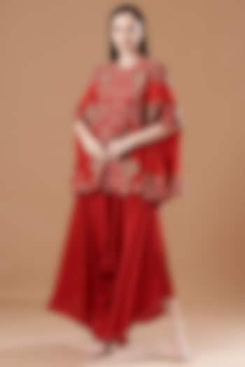 Red Dupion Embroidered Cape Set by Minaxi Dadoo at Pernia's Pop Up Shop