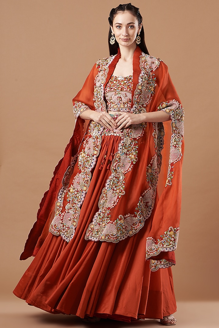 Rust Orange Organza Embroidered Cape Set by Minaxi Dadoo at Pernia's Pop Up Shop