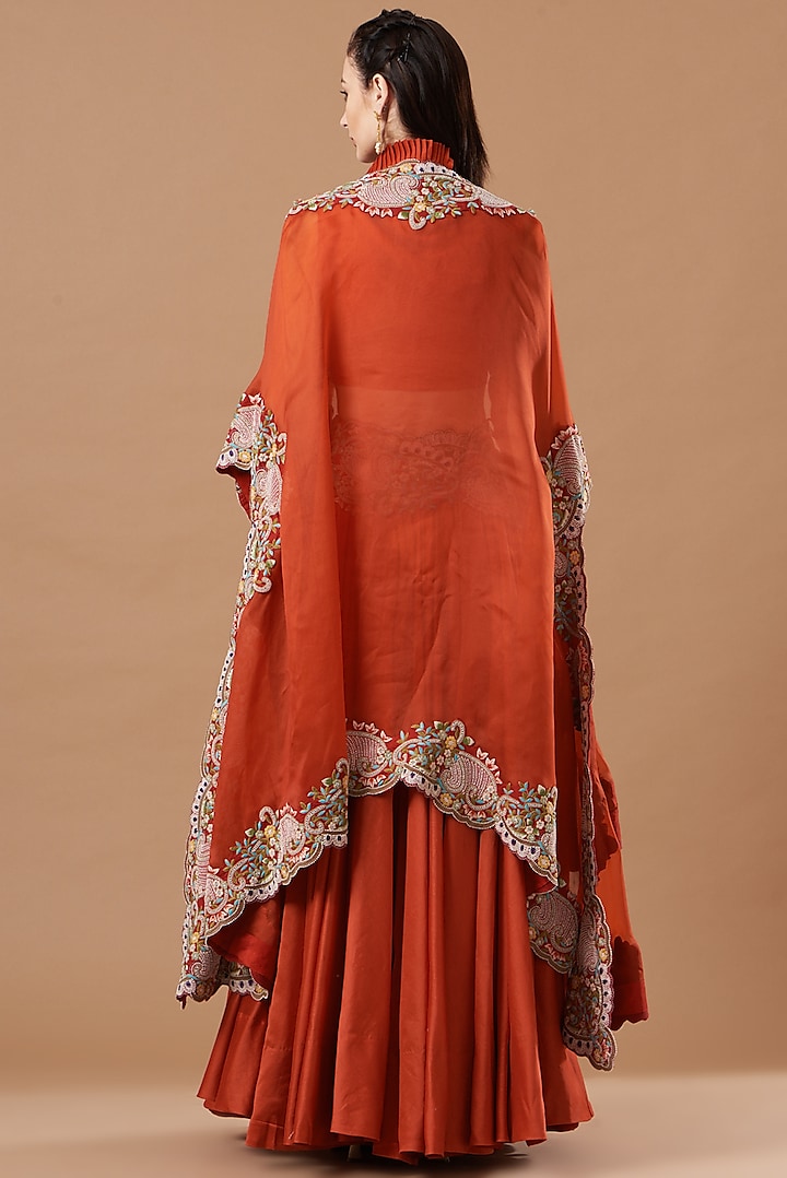 Rust Orange Organza Embroidered Cape Set by Minaxi Dadoo at Pernia's Pop Up Shop