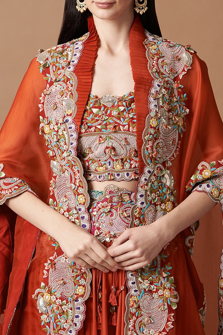 Rust Orange Organza Embroidered Cape Set by Minaxi Dadoo at Pernia's Pop Up Shop