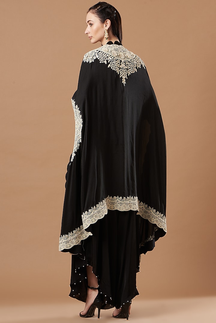 Black Dupion Silk Embroidered Cape Set by Minaxi Dadoo at Pernia's Pop Up Shop