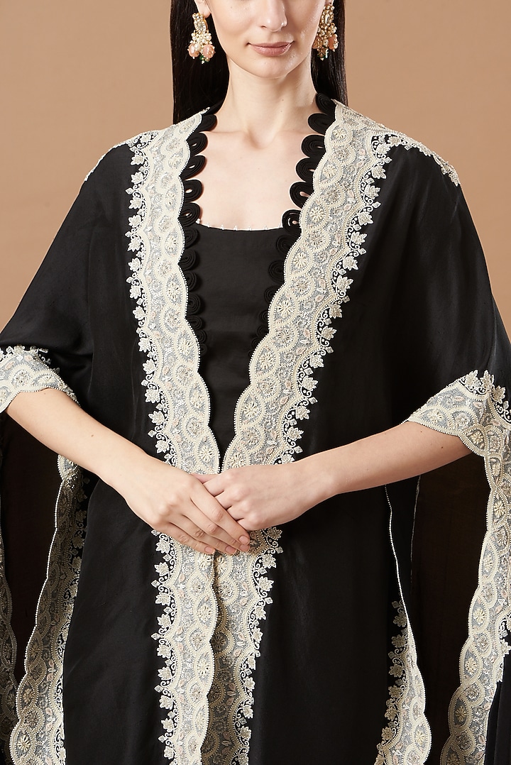 Black Dupion Silk Embroidered Cape Set by Minaxi Dadoo at Pernia's Pop Up Shop