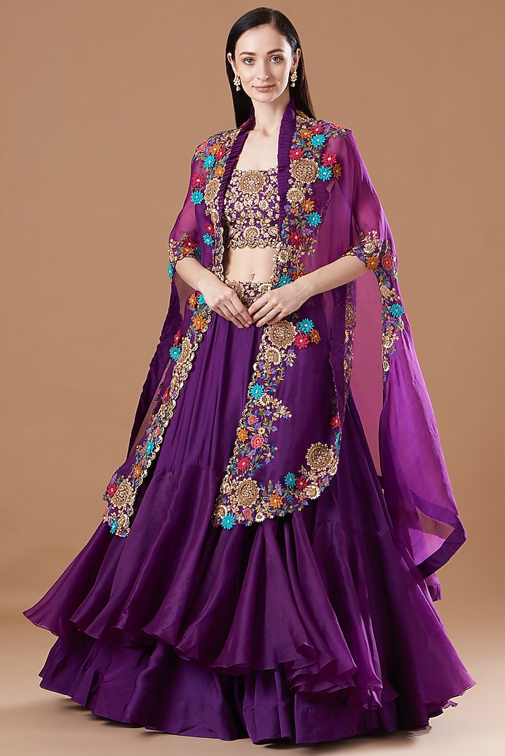 Purple Silk & Organza Embroidered Jacket Lehenga Set by Minaxi Dadoo