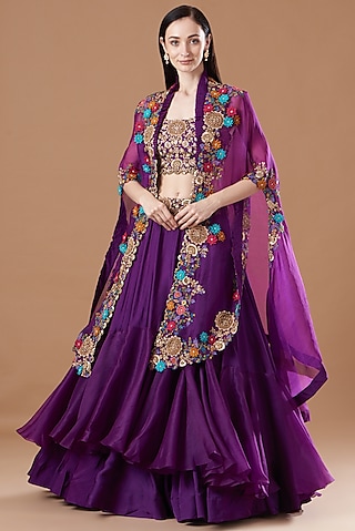 Purple Silk & Organza Embroidered Jacket Lehenga Set by Minaxi Dadoo