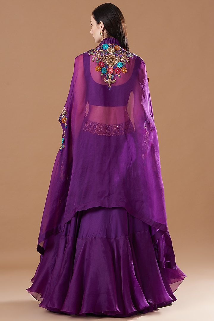 Purple Silk & Organza Embroidered Jacket Bridal Lehenga Set by Minaxi Dadoo at Pernia's Pop Up Shop