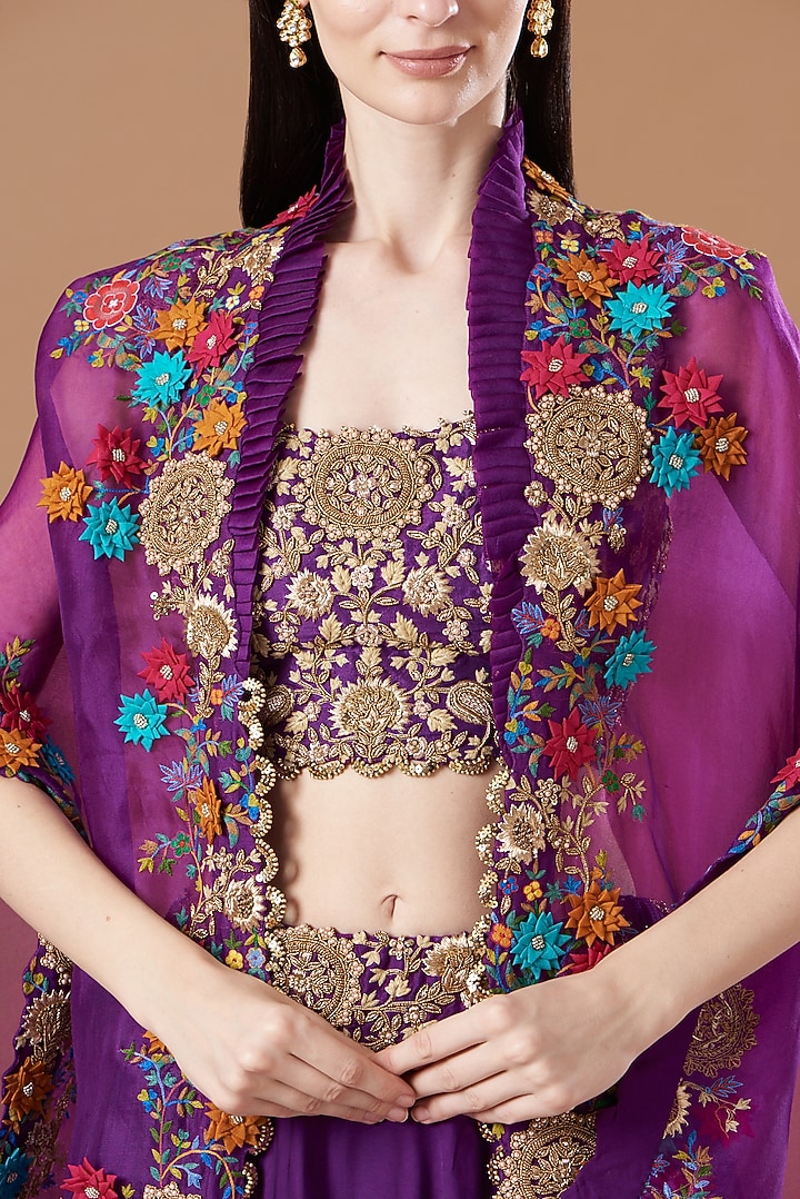 Purple Silk & Organza Embroidered Jacket Bridal Lehenga Set by Minaxi Dadoo at Pernia's Pop Up Shop