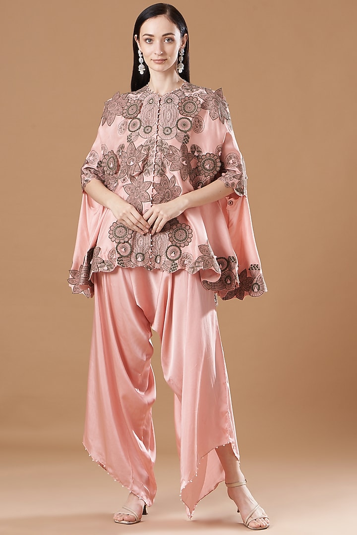 Pink Dupion Embroidered Cape Set by Minaxi Dadoo