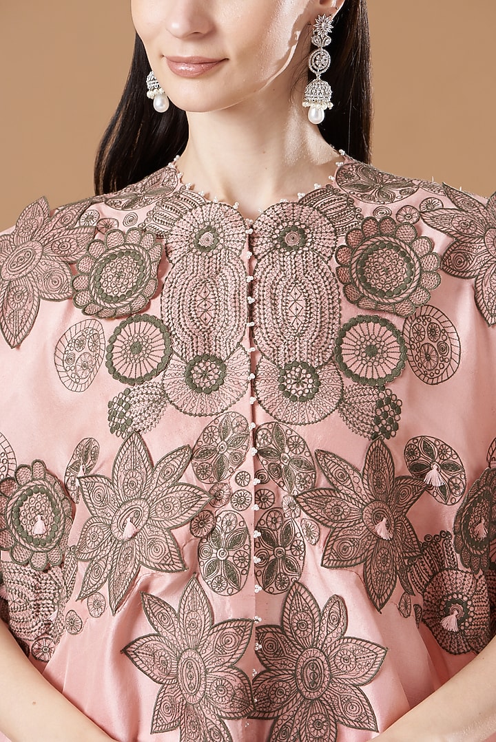 Pink Dupion Embroidered Cape Set by Minaxi Dadoo at Pernia's Pop Up Shop