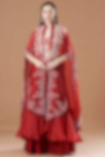 Red Silk & Organza Embroidered Jacket Lehenga Set by Minaxi Dadoo