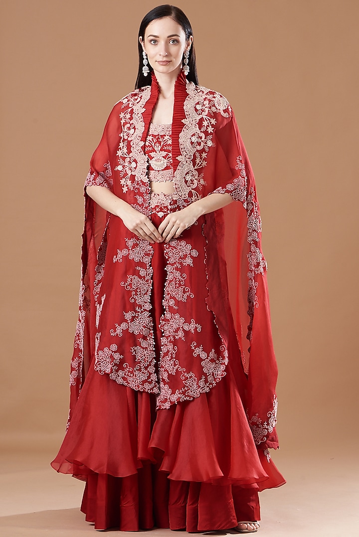 Red Silk & Organza Embroidered Jacket Lehenga Set by Minaxi Dadoo