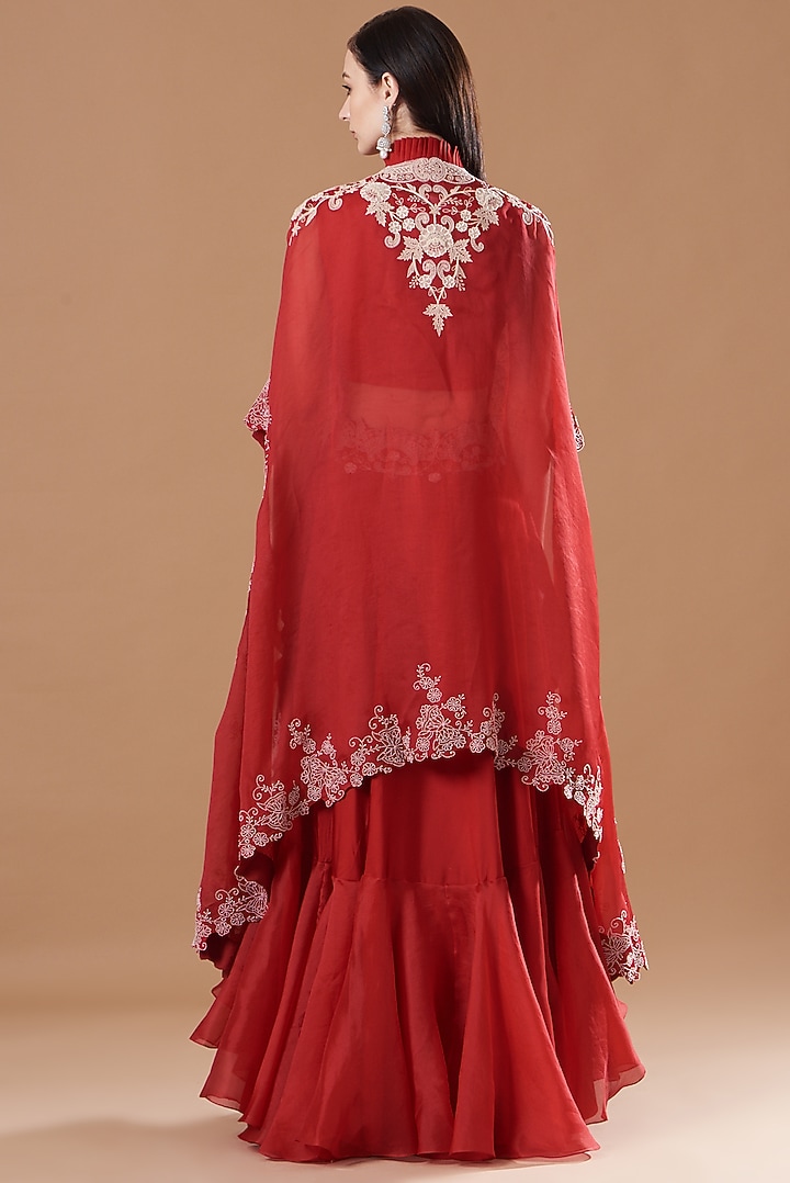 Red Silk & Organza Embroidered Jacket Bridal Lehenga Set by Minaxi Dadoo at Pernia's Pop Up Shop