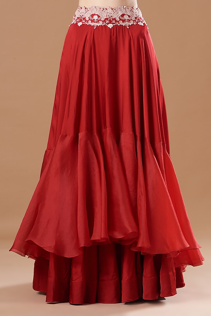 Red Silk & Organza Embroidered Jacket Bridal Lehenga Set by Minaxi Dadoo at Pernia's Pop Up Shop