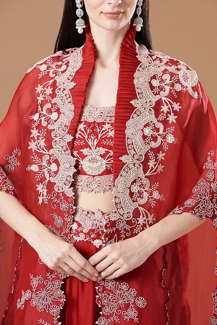 Red Silk & Organza Embroidered Jacket Bridal Lehenga Set by Minaxi Dadoo at Pernia's Pop Up Shop