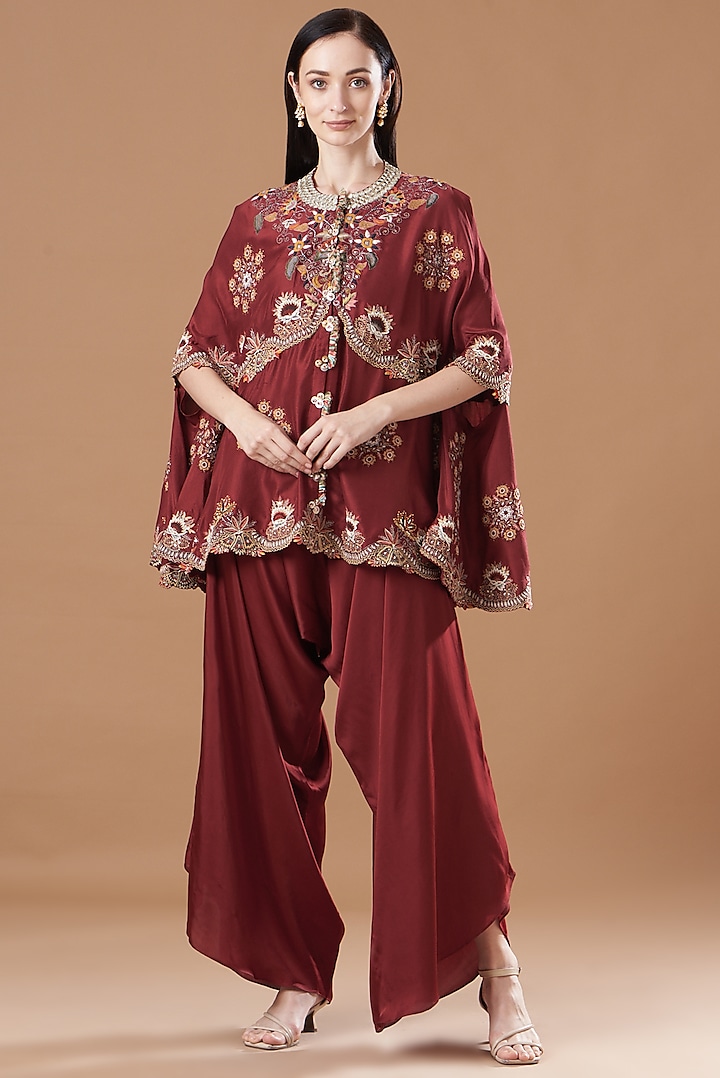 Maroon Dupion Embroidered Cape Set by Minaxi Dadoo