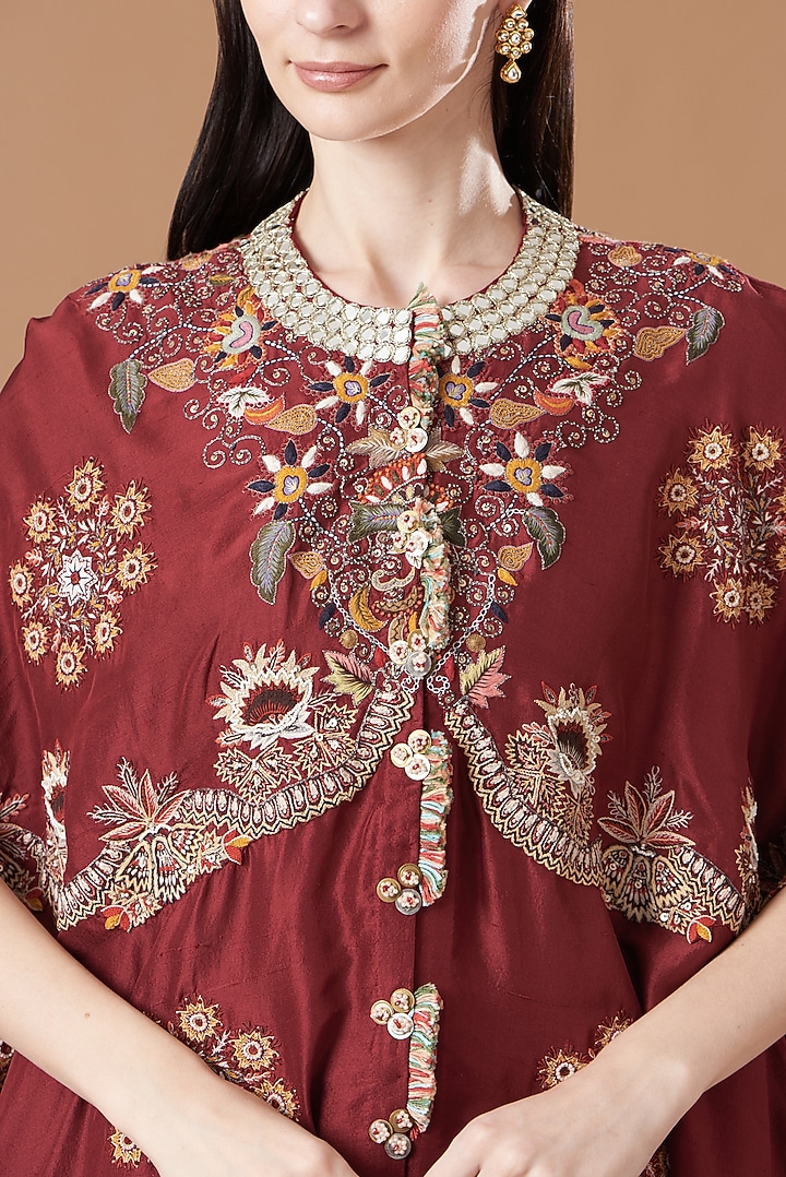 Maroon Dupion Embroidered Cape Set by Minaxi Dadoo at Pernia's Pop Up Shop