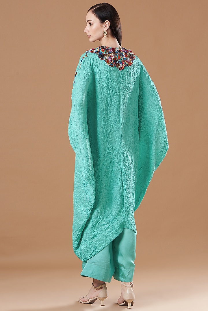 Firozi Blue Crushed Dupion Kaftan Set by Minaxi Dadoo at Pernia's Pop Up Shop