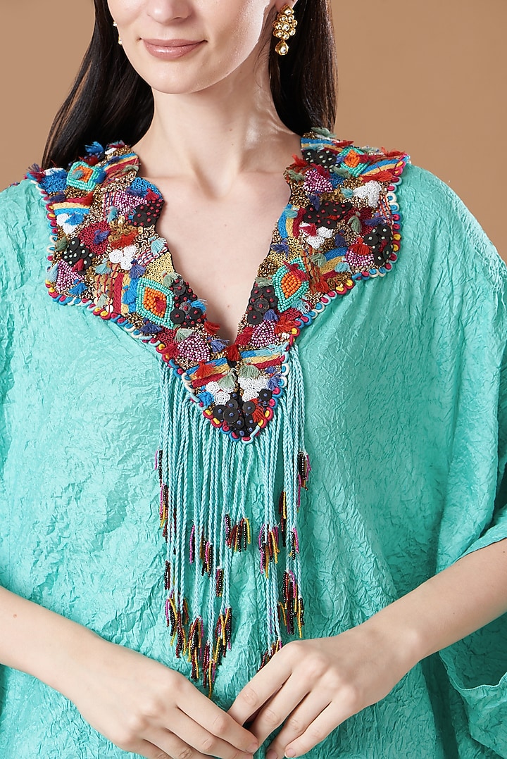 Firozi Blue Crushed Dupion Kaftan Set by Minaxi Dadoo at Pernia's Pop Up Shop