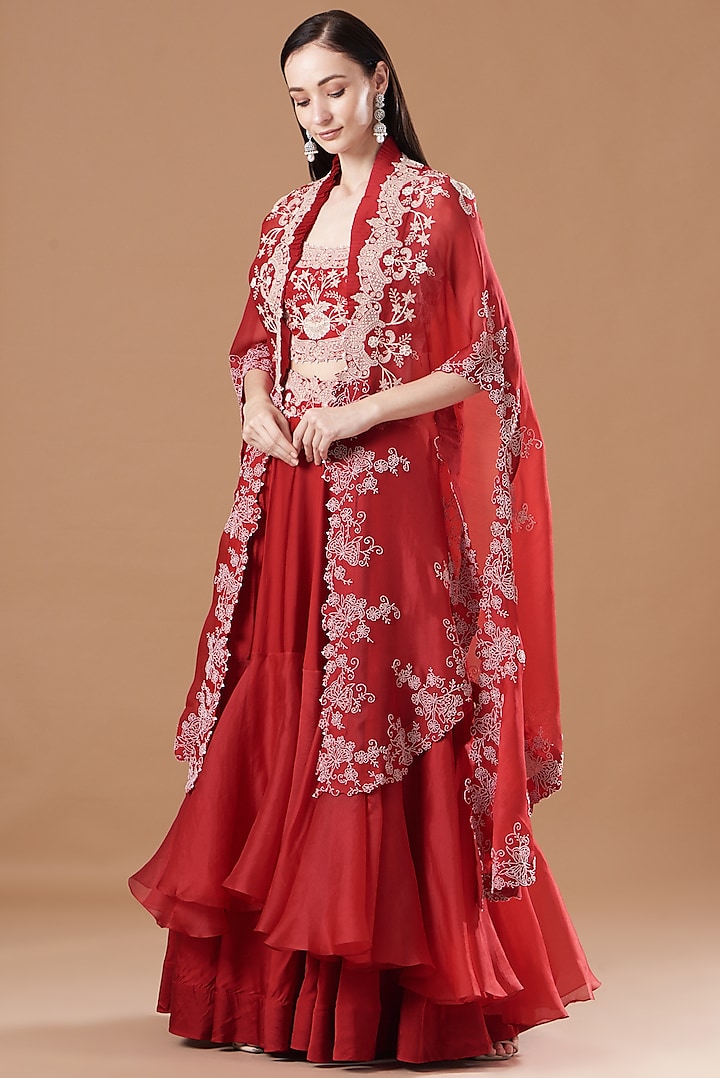 Red Satin & Silk Embroidered Jacket Lehenga Set by Minaxi Dadoo